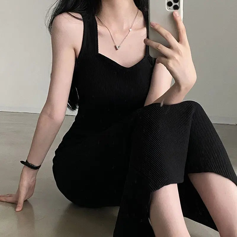 Temperament Square Neck Long Dress for Women Sexy Solid Screw Thread Sleeveless Split Dresses Slim Pullover Office Lady Vestidos