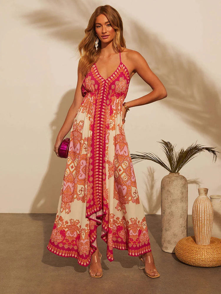 Women's Summer V-neck Halter Bohemian Floral Long Dress,Women Clothing,Red Dress,Sexy Dress Women,Sundress,Beach Dresses