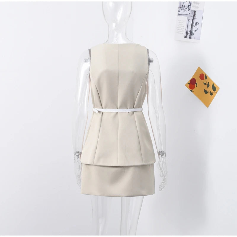Casual Mini Dress Women Belt Slim Spring Summer O-neck Sleeveless Top Above Knee Skirt Sets Woman Vintage Fake Two Pieces Lady