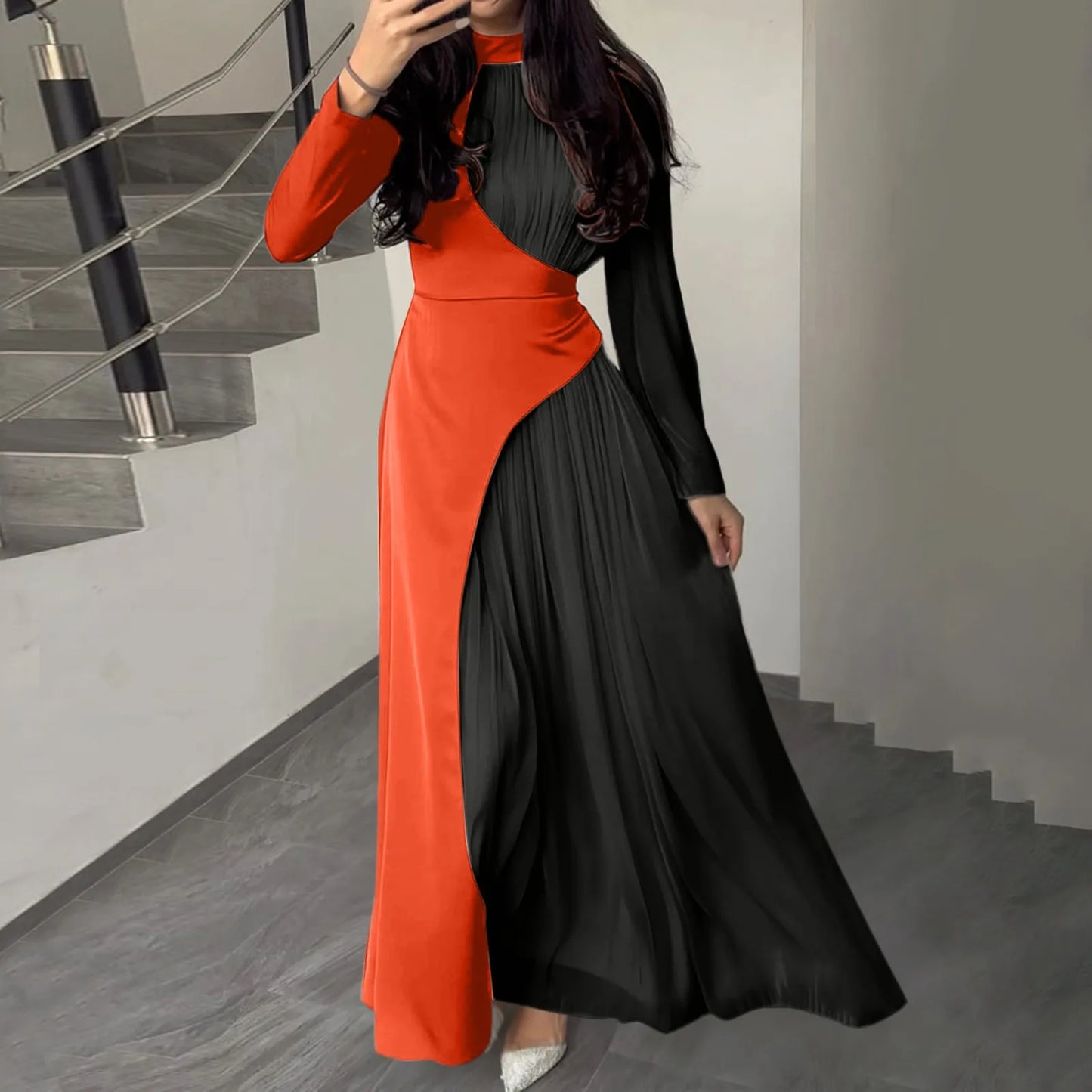 Women'sElegant Patchwork Long Dress Spring Half High Neck Long Sleeve A-Line Maxi Dress Female Slim Waist Party Club Dresses