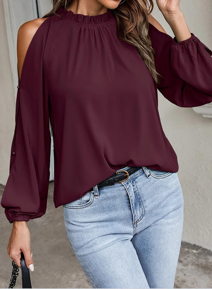Sexy Off Shoulder Women's Blouse 2023 Spring Autumn Long Sleeve Casual Loose Shirt Black Green Tops Office Ladies Blouses
