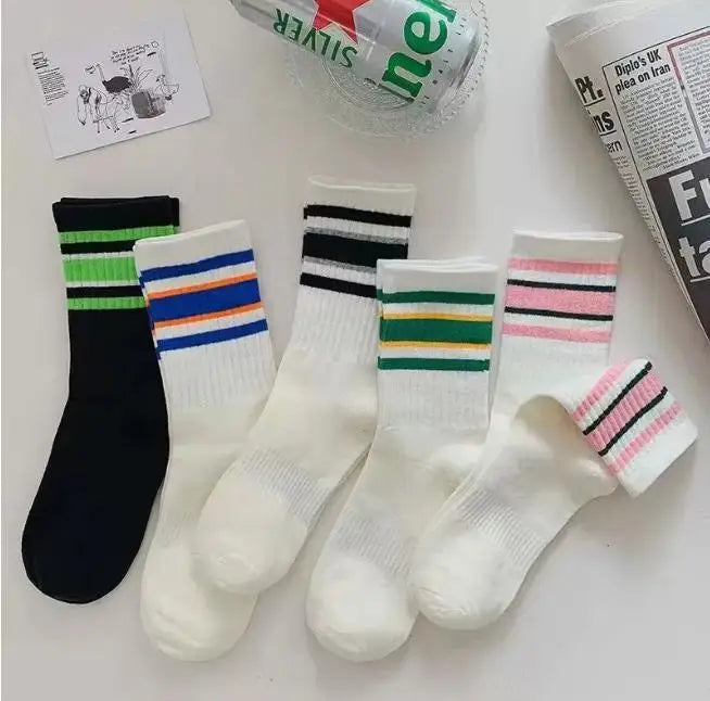 1/5/10 Pairs women's and men's white sock, mid length socks, Korean version socks, striped autumn and winter casual sports sock
