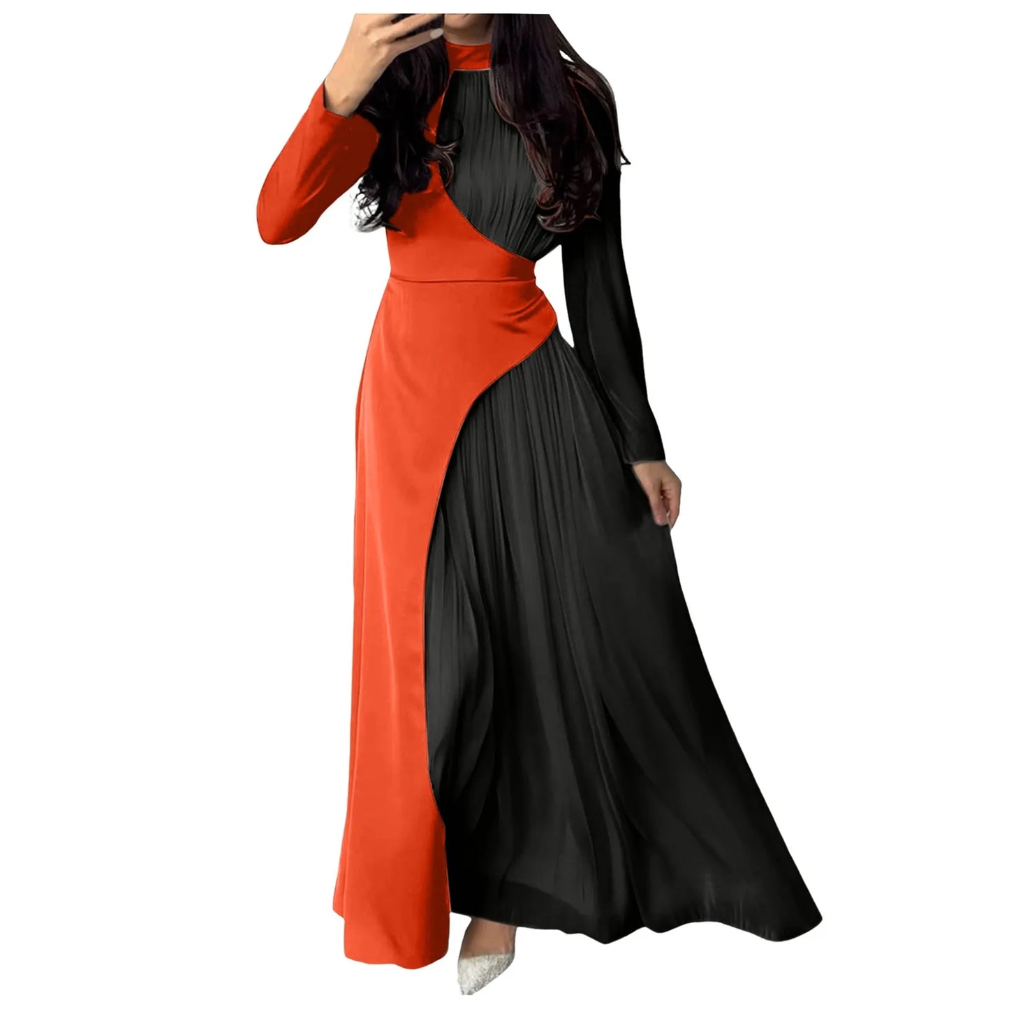 Women'sElegant Patchwork Long Dress Spring Half High Neck Long Sleeve A-Line Maxi Dress Female Slim Waist Party Club Dresses