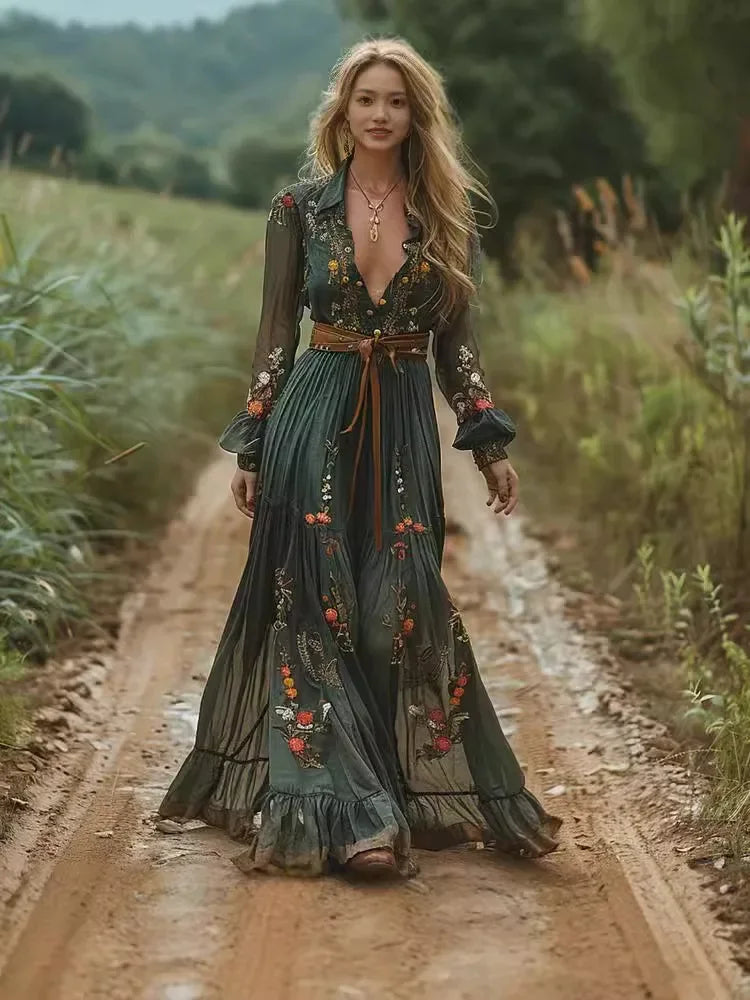 Ethnic Retro Floral Print Pleated Long Dress Sexy Shirt Collar Buttons Women Party Dress Fall Long Sleeve Boho Maxi Dress 2024