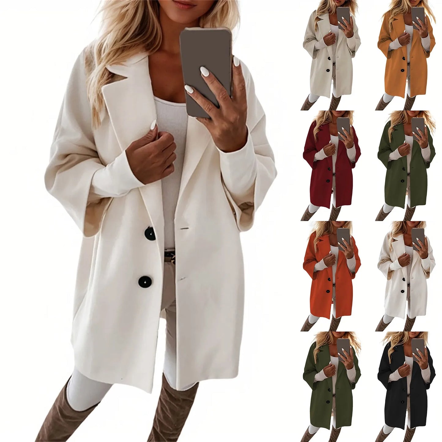 Women'S Coat Fashionable Versatile Tweed Coat Solid Color Sinking Shoulder Seven-Quarter Sleeve Single-Breasted Jacket Women