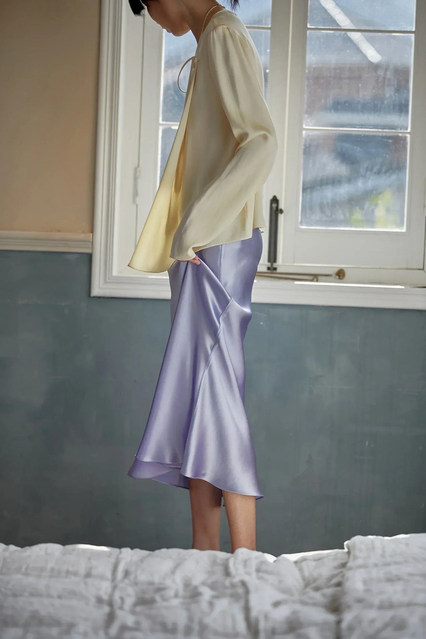 Fashion Women's Skirt A-line Silk High Waist Elegant Skirts Green Blue Long Summer Skirts Korean Side Zipper Office Satin Skirt