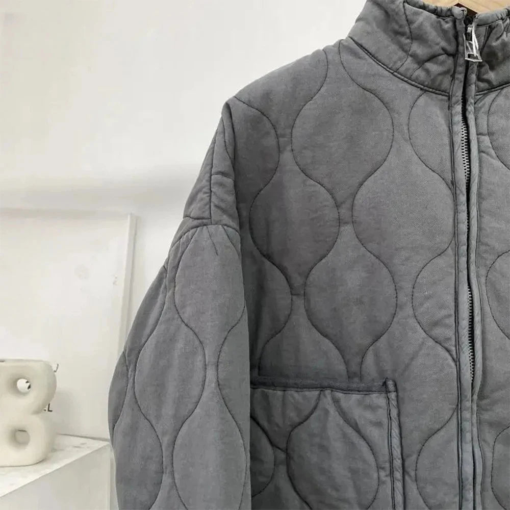 TRAF Women's Diamond Check Cotton Jacket Round Neck Loose Long Sleeve Zip Cotton Jacket Vintage Street Fashion Pocket Warm Top