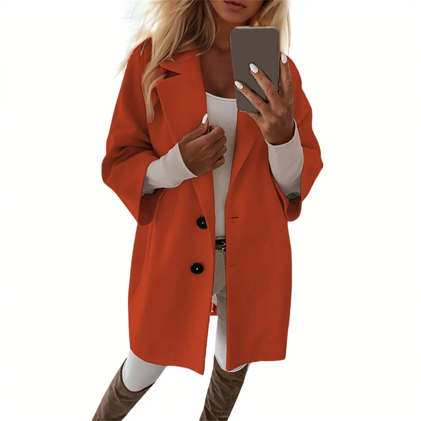 Women'S Coat Fashionable Versatile Tweed Coat Solid Color Sinking Shoulder Seven-Quarter Sleeve Single-Breasted Jacket Women