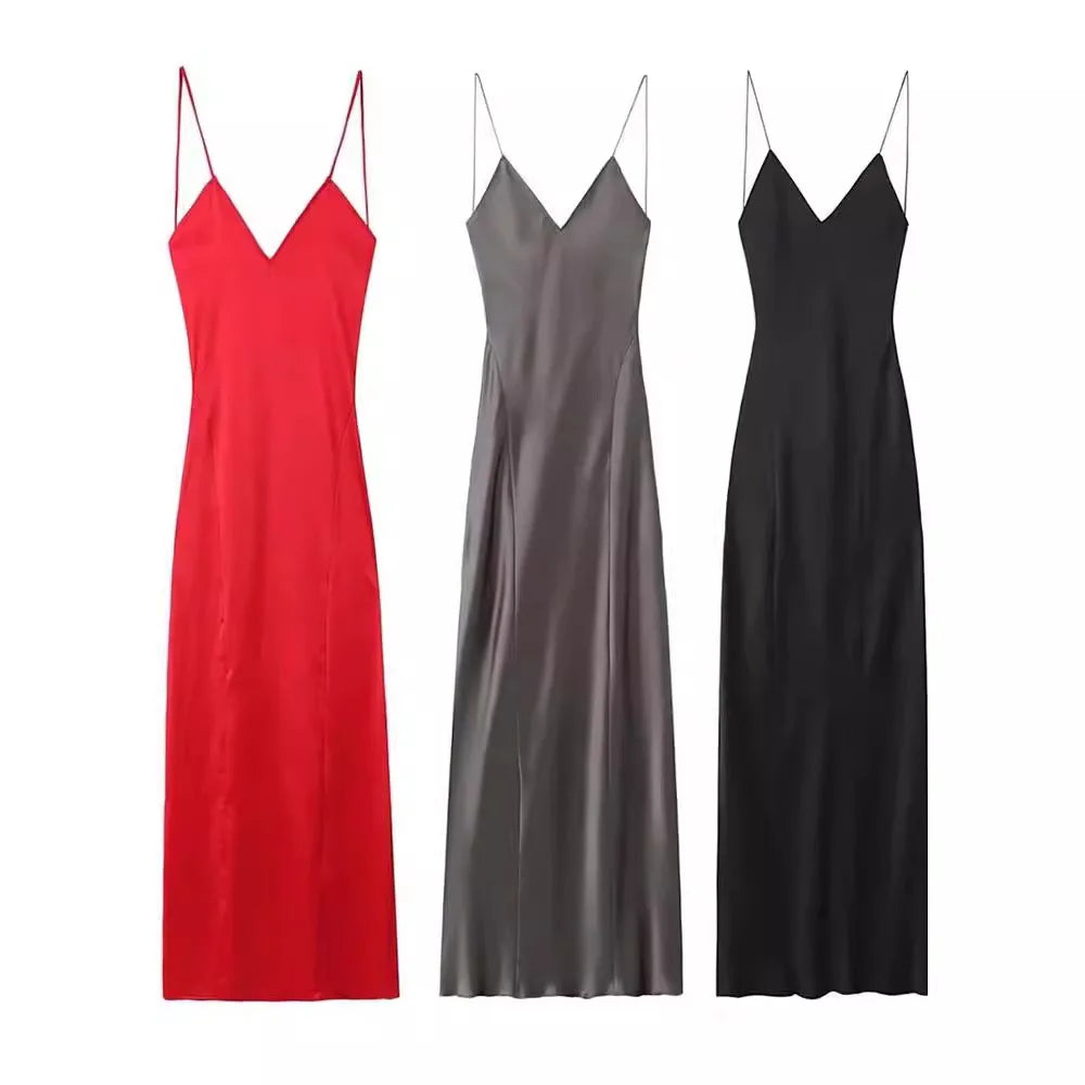 2024 Women's New Chic Fashion Temperament Satin Thin Shoulder Strap Underwear Slim Long Dress Retro Backless Women's Dress Mujer