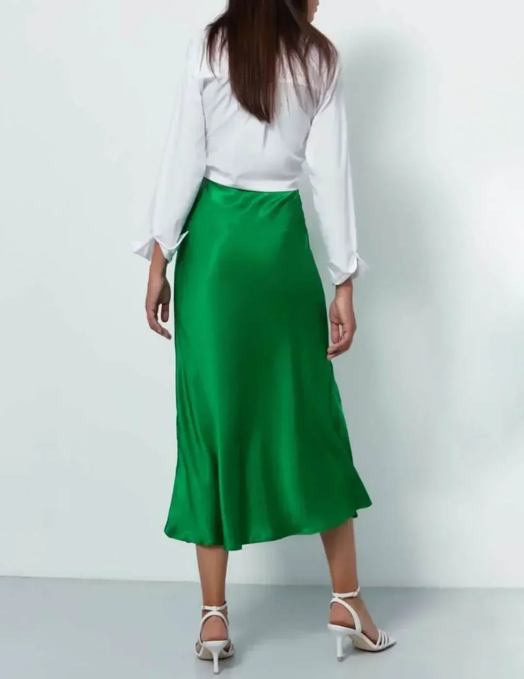Fashion Women's Skirt A-line Silk High Waist Elegant Skirts Green Blue Long Summer Skirts Korean Side Zipper Office Satin Skirt