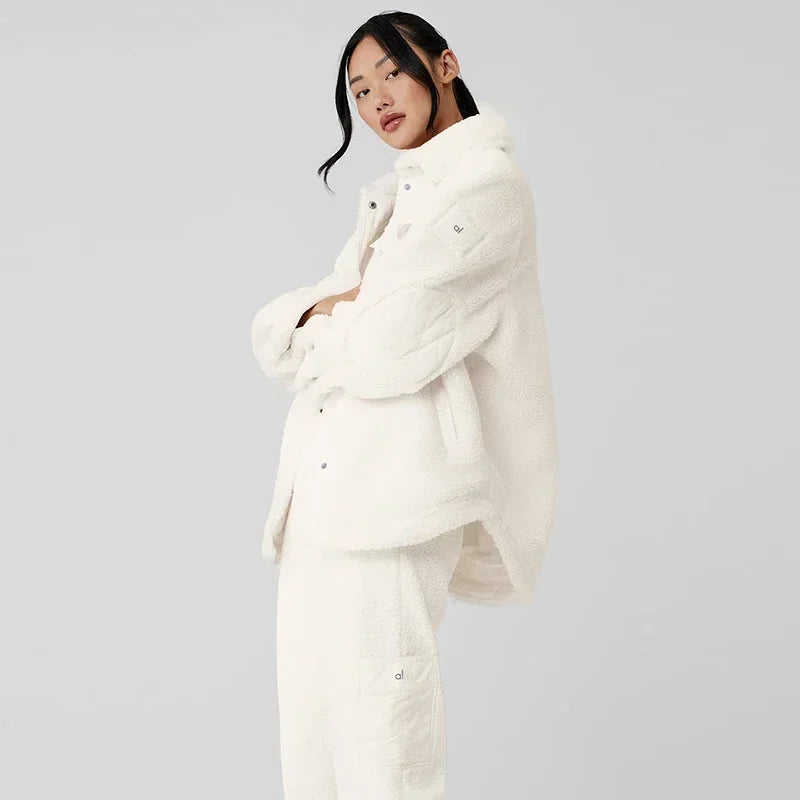 AL Coat for women Plush jacket Lapel shirt style Loose Casual White Fashion Coat Plush Medium long styles Pockets Jacket New