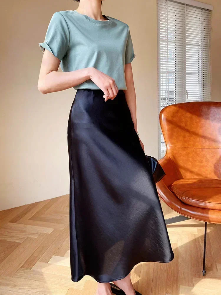 Fashion Women's Skirt A-line Silk High Waist Elegant Skirts Green Blue Long Summer Skirts Korean Side Zipper Office Satin Skirt