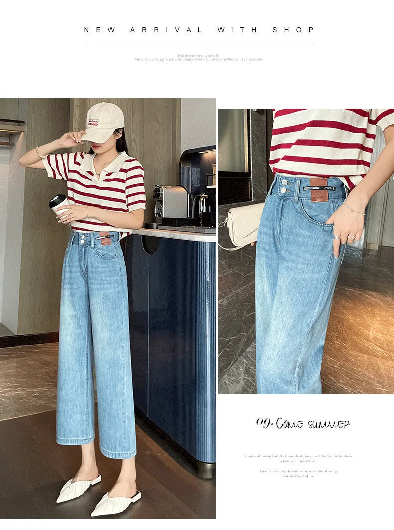 Jeans Female Spring and Summer New High-Waisted Straight Pants Small Wide-Legged Pants Summer Thin Section Nine Pants Casual
