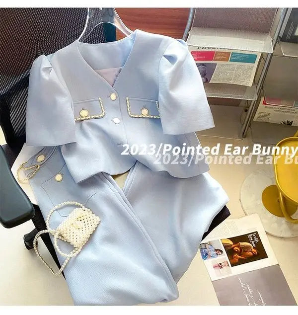 Suits for Women Tracksuit Two Piece Set V Neck Short Sleeve Coat Ropa Club Wide Leg Tailored Trousers Casual Pants Sets