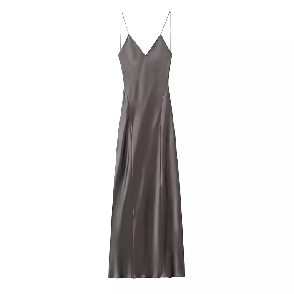 2024 Women's New Chic Fashion Temperament Satin Thin Shoulder Strap Underwear Slim Long Dress Retro Backless Women's Dress Mujer