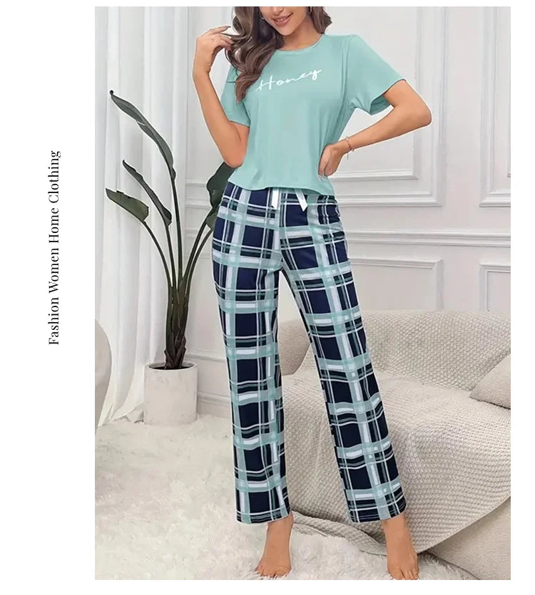 Women's Pajamas Set Casual Home Clothes Soft Comfortable Crew Neck T-Shirt & Plaid Pants Sleepwear Piece Loungewear Pyjama Femme