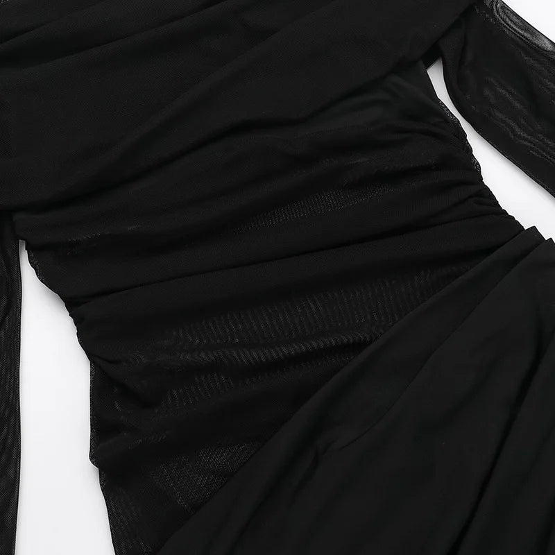 Y2k Summer New Solid Color Long Sleeve Off Shoulder Dresses Sexy Wrap Hip Mesh See Through Ruched Patchwork Long Dress 2024 New