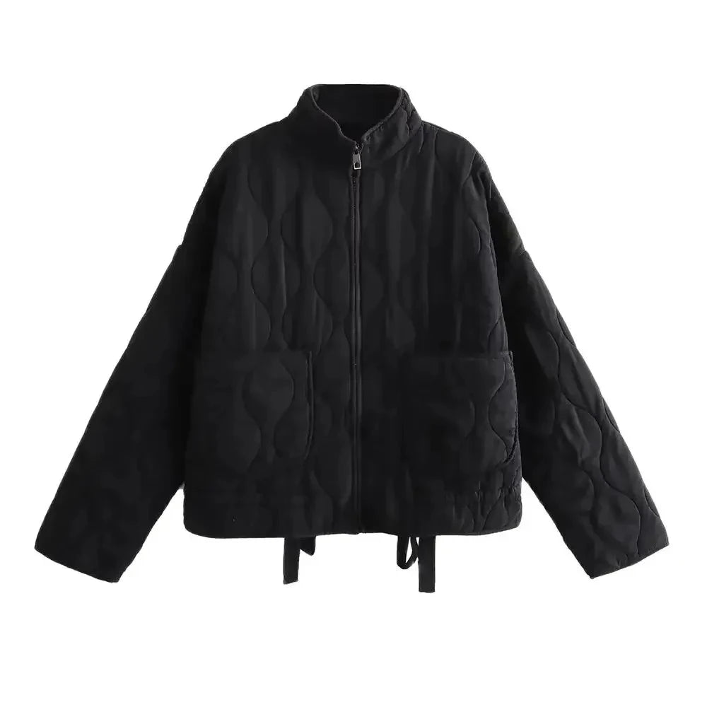 TRAF Women's Diamond Check Cotton Jacket Round Neck Loose Long Sleeve Zip Cotton Jacket Vintage Street Fashion Pocket Warm Top