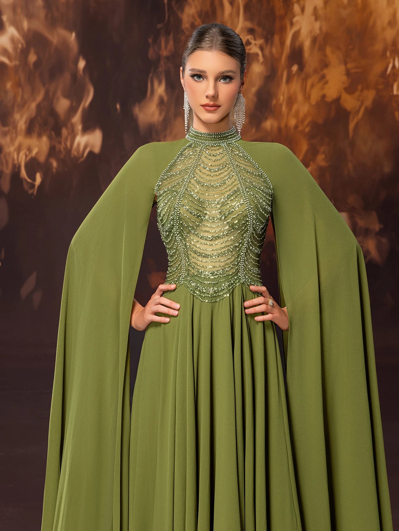 Ladies' formal banquet evening dress, high-end and gorgeous chiffon nail bead stand up collar, ultra long sleeve evening dress