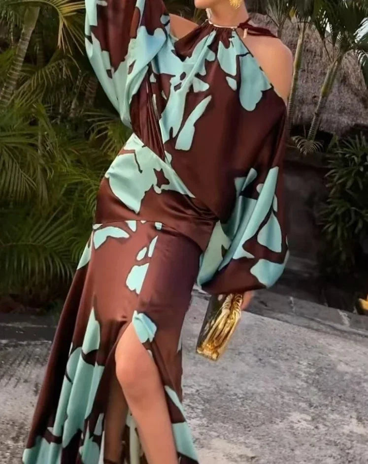 Evening Dresses Vacation Style Elegant Socialite Printed Off Shoulder Slit Dress