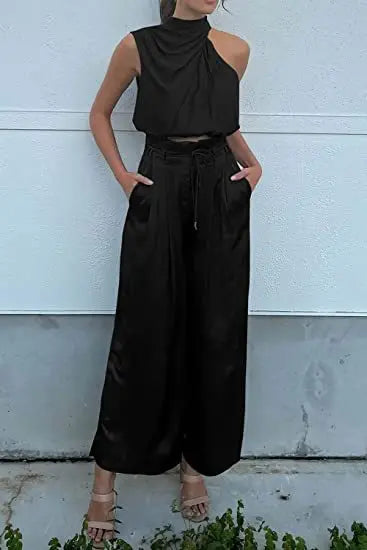 Women's Two Piece Pants Sets Open Navel Outfit Silk Pleated Texture Sleeveless Top Wide Leg Pants Set Summer Matching Sets 2024