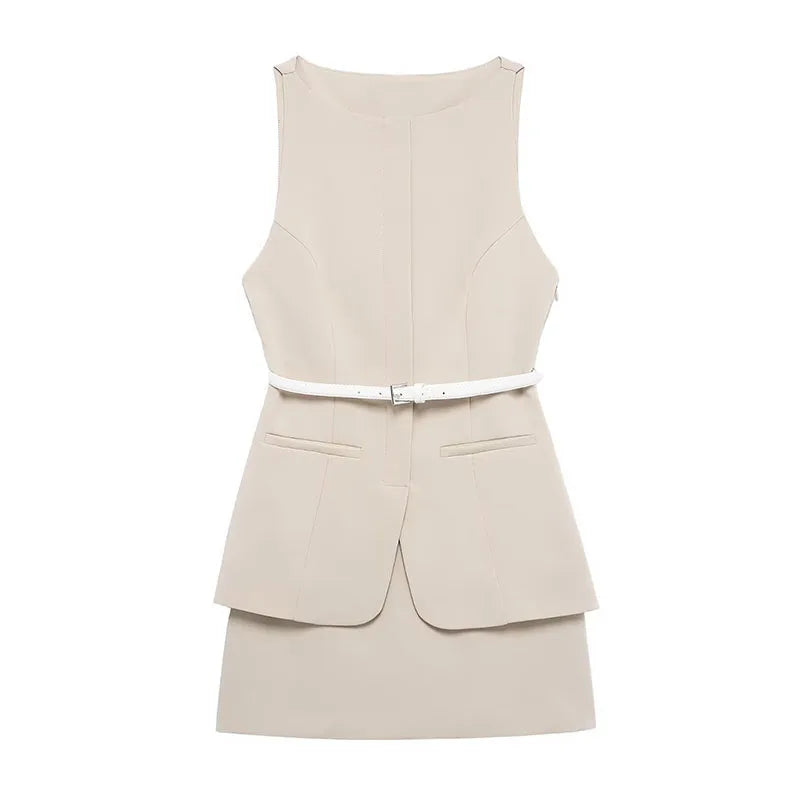 Casual Mini Dress Women Belt Slim Spring Summer O-neck Sleeveless Top Above Knee Skirt Sets Woman Vintage Fake Two Pieces Lady