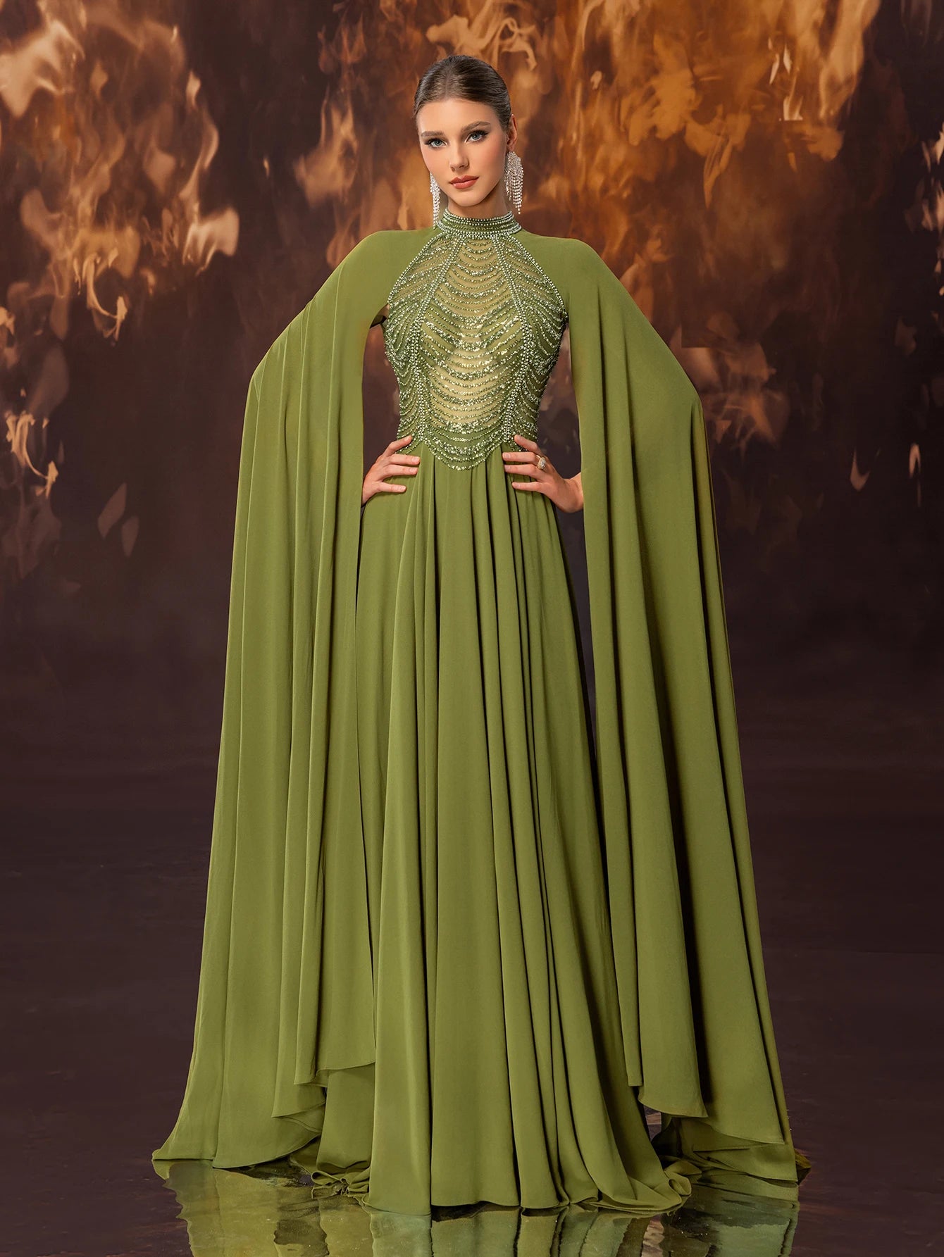 Ladies' formal banquet evening dress, high-end and gorgeous chiffon nail bead stand up collar, ultra long sleeve evening dress