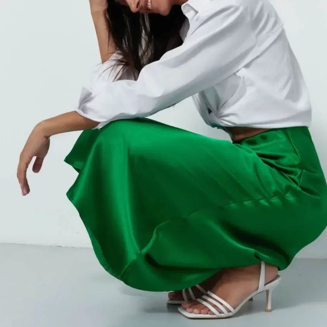 Fashion Women's Skirt A-line Silk High Waist Elegant Skirts Green Blue Long Summer Skirts Korean Side Zipper Office Satin Skirt