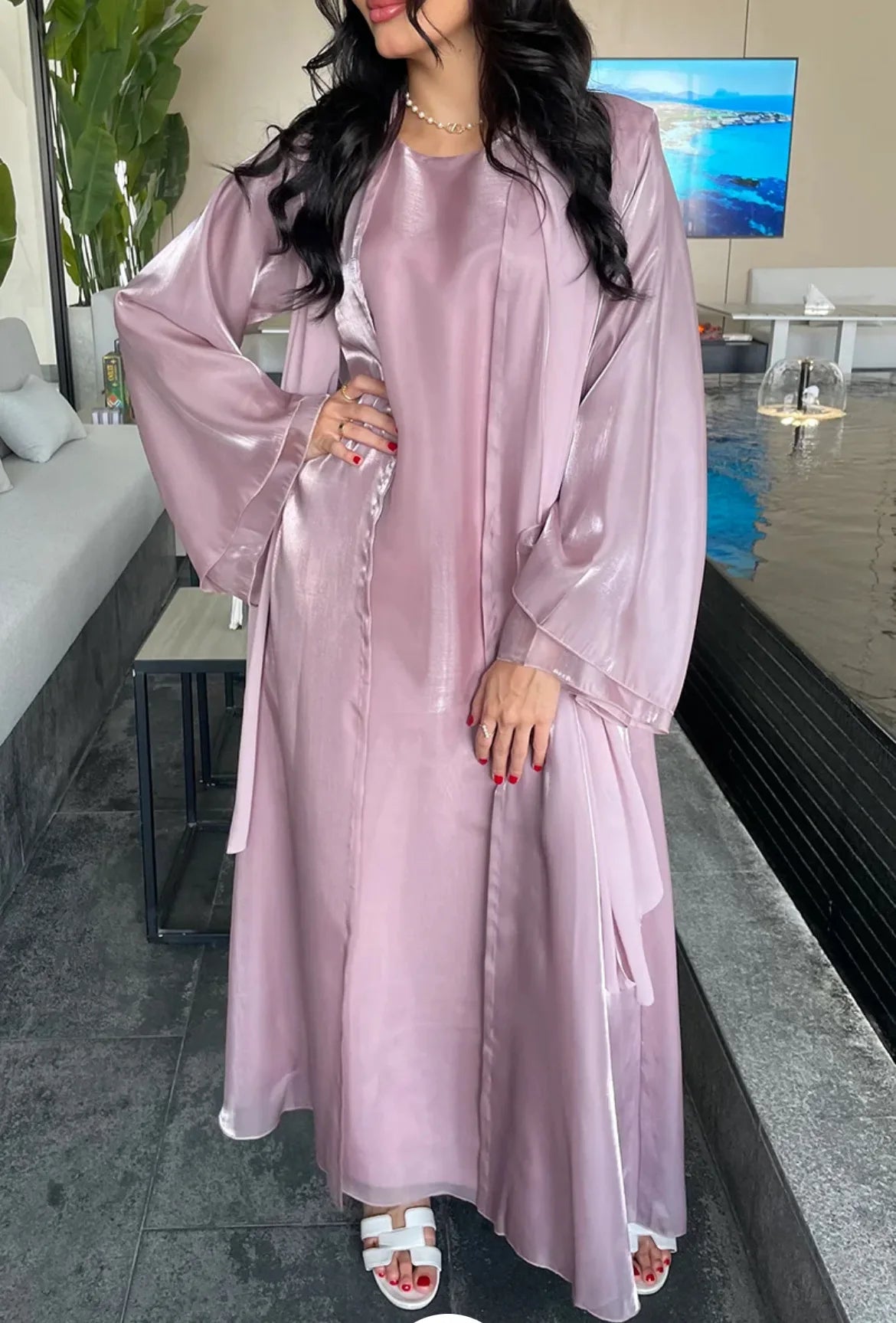 Women Eid Muslim Sets 2 Piece Dress Shiny Satin Dubai Abayas Kebaya Jalabiya Turkey Kaftan Ramadan Islam Clothing Robe Vestidos