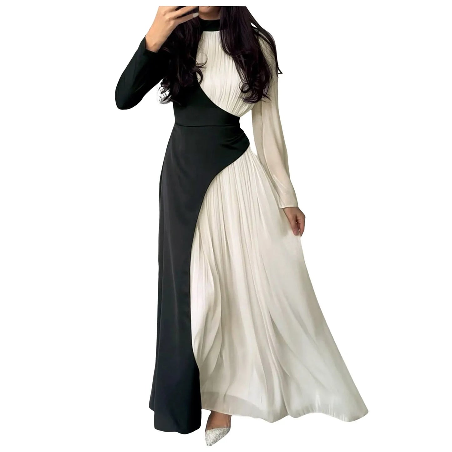 Women'sElegant Patchwork Long Dress Spring Half High Neck Long Sleeve A-Line Maxi Dress Female Slim Waist Party Club Dresses