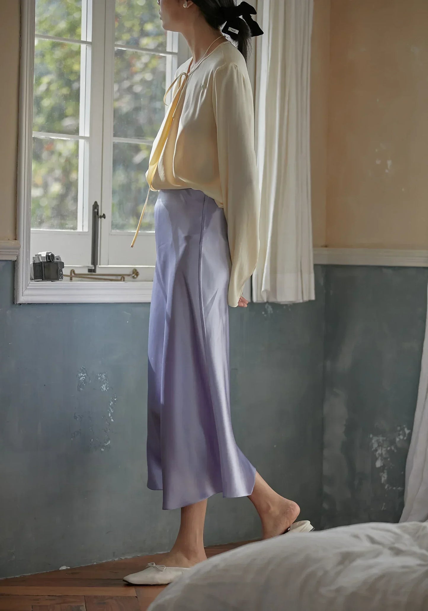Fashion Women's Skirt A-line Silk High Waist Elegant Skirts Green Blue Long Summer Skirts Korean Side Zipper Office Satin Skirt