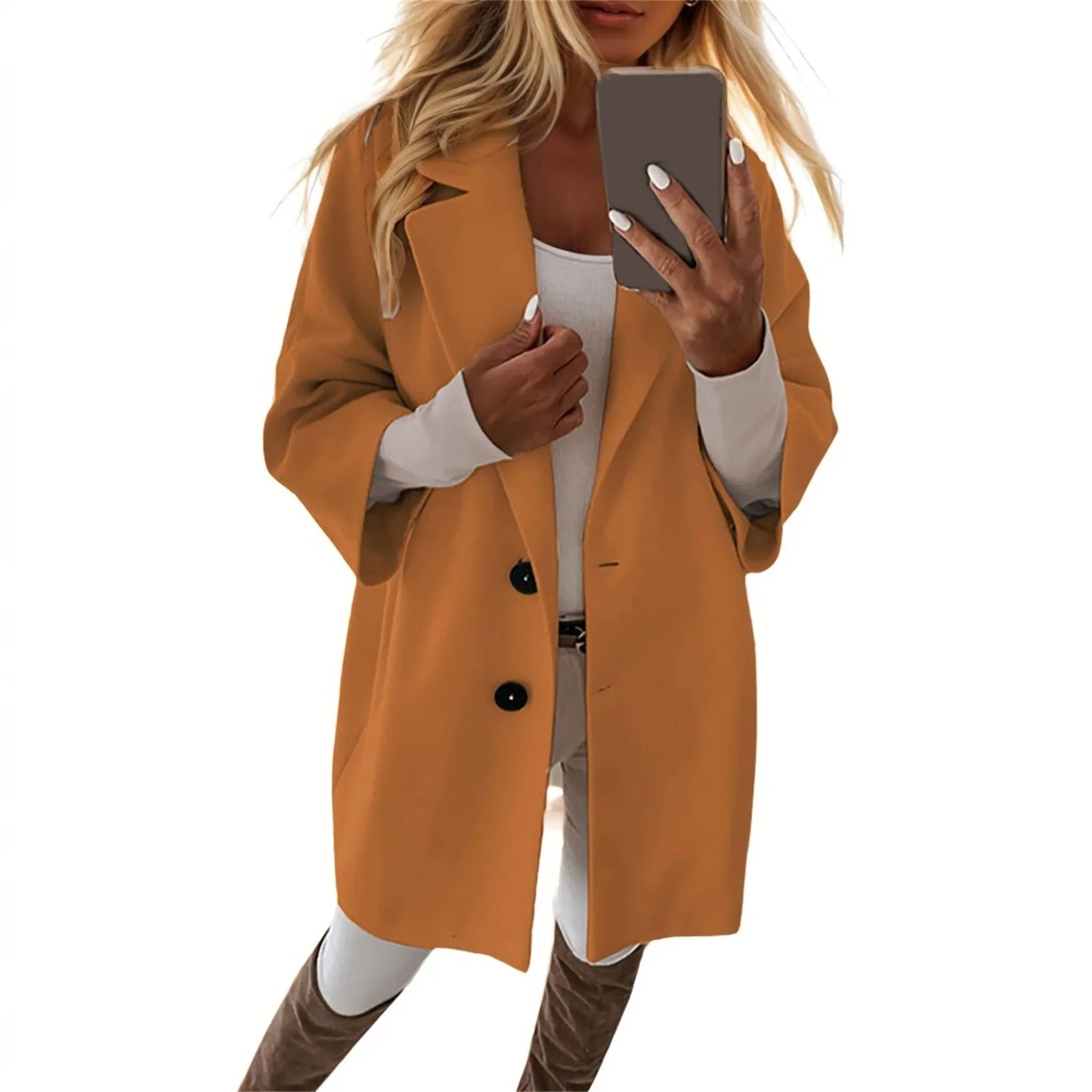 Women'S Coat Fashionable Versatile Tweed Coat Solid Color Sinking Shoulder Seven-Quarter Sleeve Single-Breasted Jacket Women