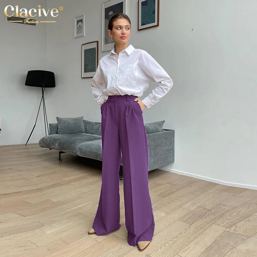 Clacive Blue Office Women'S Pants 2021 Fashion Loose Full Length Ladies Trousers Casual High Waist Wide Pants For Women