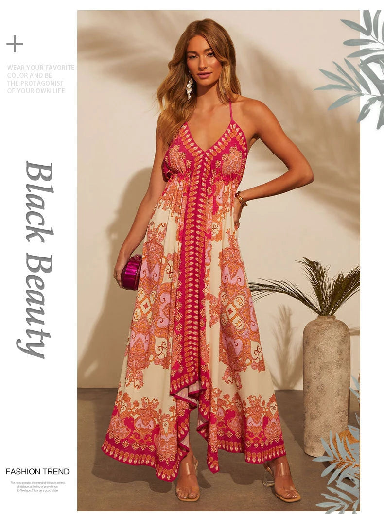 Women's Summer V-neck Halter Bohemian Floral Long Dress,Women Clothing,Red Dress,Sexy Dress Women,Sundress,Beach Dresses