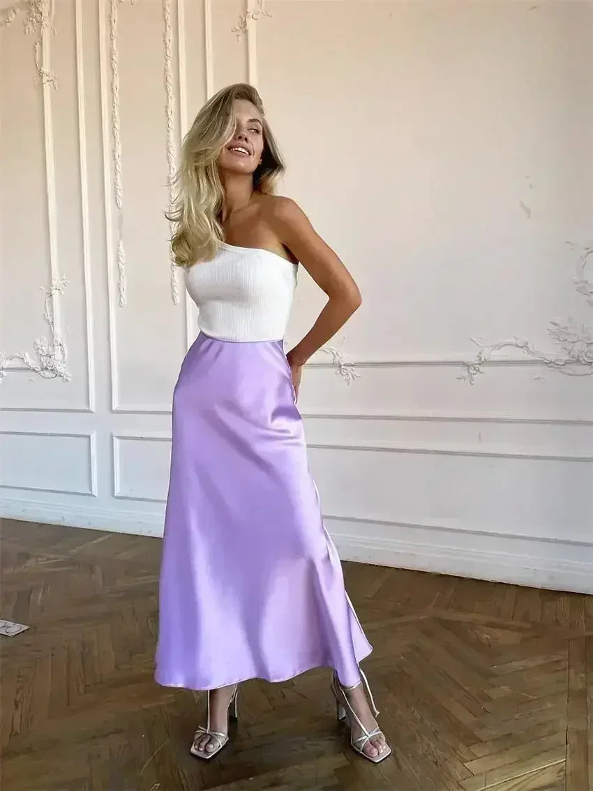 Fashion Women's Skirt A-line Silk High Waist Elegant Skirts Green Blue Long Summer Skirts Korean Side Zipper Office Satin Skirt