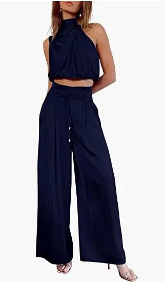 Women's Two Piece Pants Sets Open Navel Outfit Silk Pleated Texture Sleeveless Top Wide Leg Pants Set Summer Matching Sets 2024