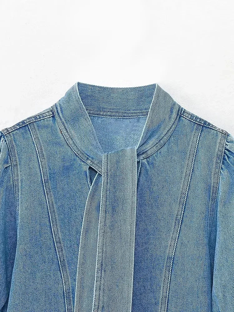 2025 Women Blouse Fashion New Bowtie Neckline Denim Shirt Casual Loose Fitting Long Sleeves Woman Blouses And Shirts Top
