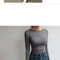High Quality Plain T Shirt Women  Elastic Basic T-shirts Female Casual Tops Long Sleeve Sexy Thin T-shirt see through