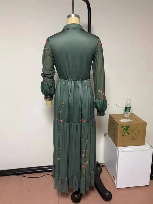 Ethnic Retro Floral Print Pleated Long Dress Sexy Shirt Collar Buttons Women Party Dress Fall Long Sleeve Boho Maxi Dress 2024