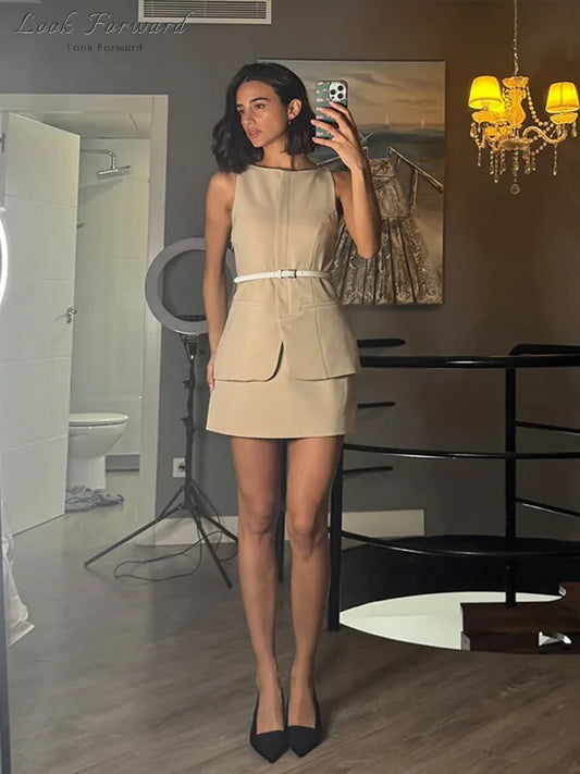 Casual Mini Dress Women Belt Slim Spring Summer O-neck Sleeveless Top Above Knee Skirt Sets Woman Vintage Fake Two Pieces Lady