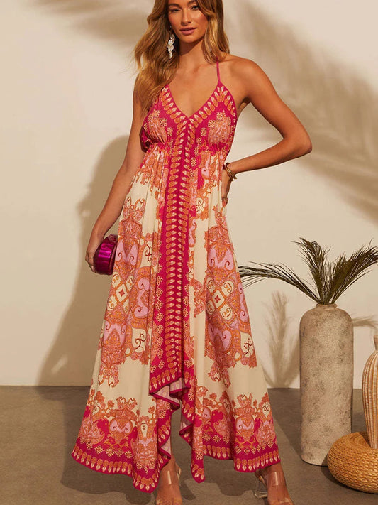 Women's Summer V-neck Halter Bohemian Floral Long Dress,Women Clothing,Red Dress,Sexy Dress Women,Sundress,Beach Dresses