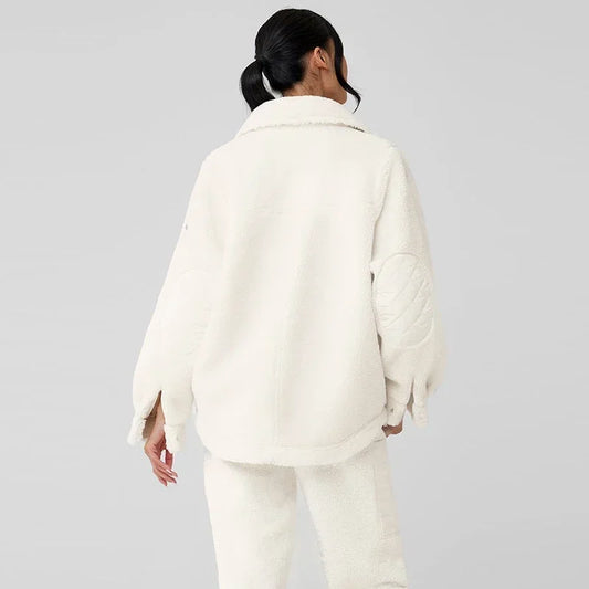 AL Coat for women Plush jacket Lapel shirt style Loose Casual White Fashion Coat Plush  Medium long styles Pockets Jacket New