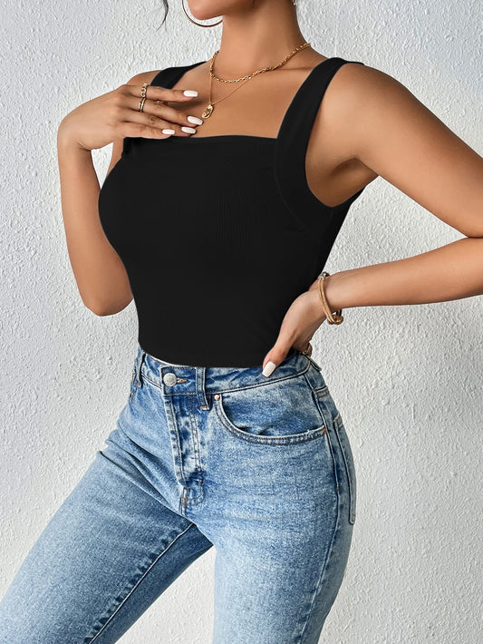 Solid Square Neck Tank Top, Casual Summer Sleeveless Top, Women's Clothing