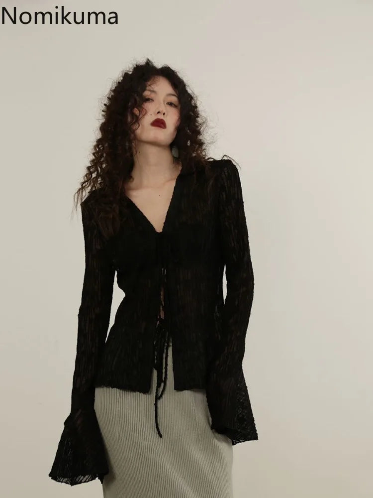 Blouse for Women Temperament Crop Tops 2025 Blusas Mujer De Moda Lace Bandage Slim Fit See Through Shirts Summer Sexy Blouses