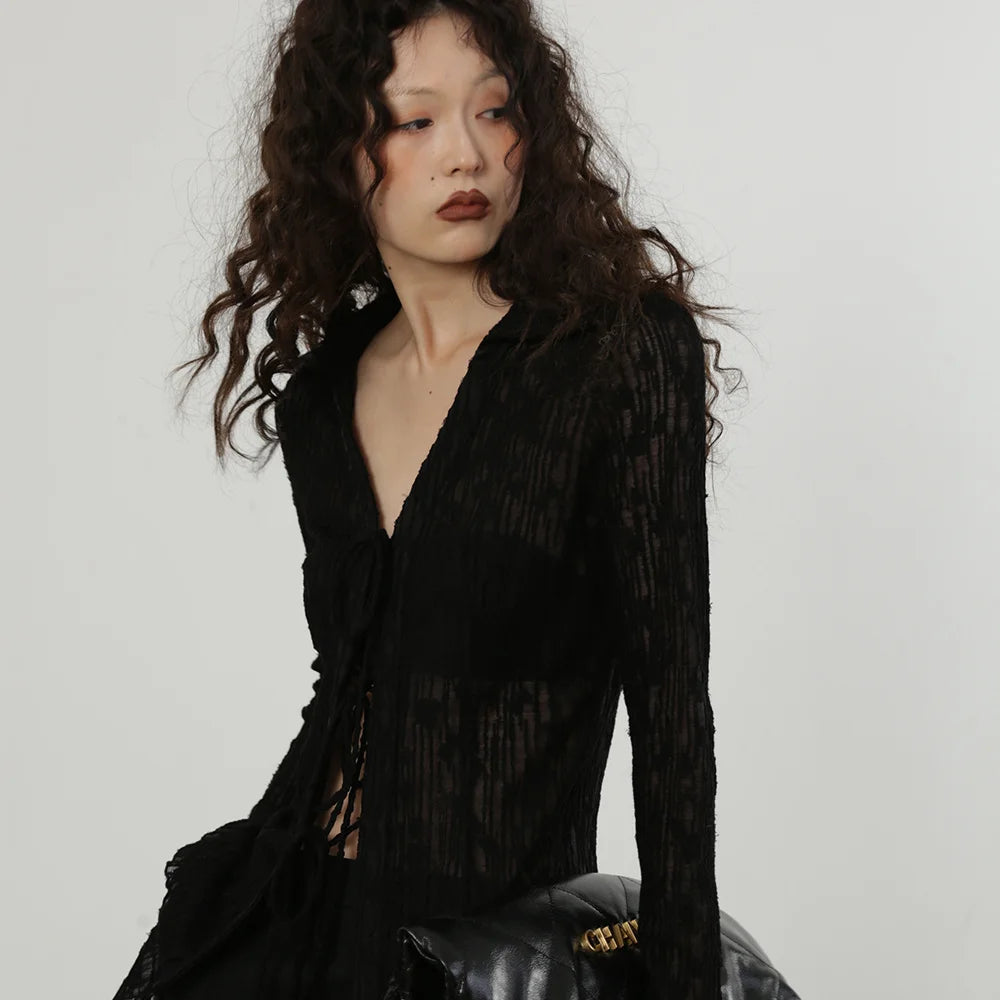 Blouse for Women Temperament Crop Tops 2025 Blusas Mujer De Moda Lace Bandage Slim Fit See Through Shirts Summer Sexy Blouses