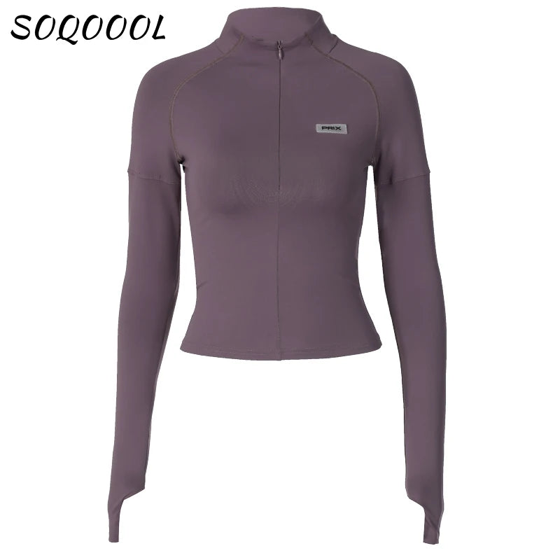 Y2K Zip T Shirt Women Long Sleeve Crop Tops Pullover Stand Collar Slim Skinny Trashy Grunge Y2k Base Tees Sexy Female T-Shirts