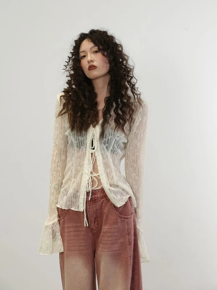 Blouse for Women Temperament Crop Tops 2025 Blusas Mujer De Moda Lace Bandage Slim Fit See Through Shirts Summer Sexy Blouses