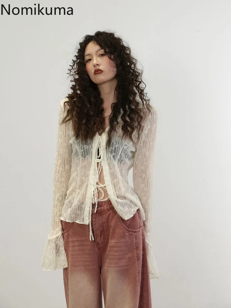 Blouse for Women Temperament Crop Tops 2025 Blusas Mujer De Moda Lace Bandage Slim Fit See Through Shirts Summer Sexy Blouses