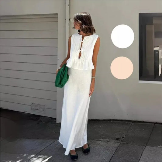 Women's Ruffled Lace Up Suit Blouse Long Skirt High Street Suit Solid Color Skirt 2 Piece High Street Suit 2024 New Suit