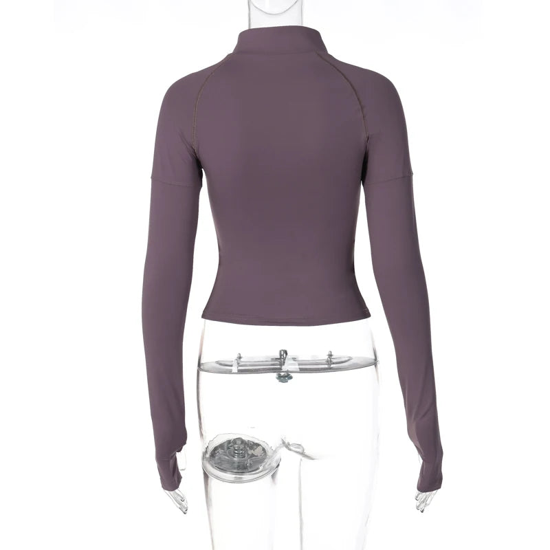 Y2K Zip T Shirt Women Long Sleeve Crop Tops Pullover Stand Collar Slim Skinny Trashy Grunge Y2k Base Tees Sexy Female T-Shirts